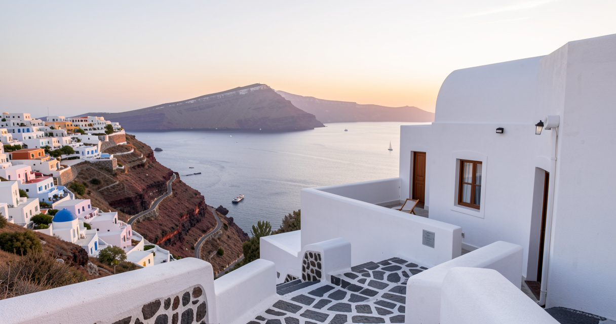 Terrasse sur la caldeira pour choisir où dormir à Santorin