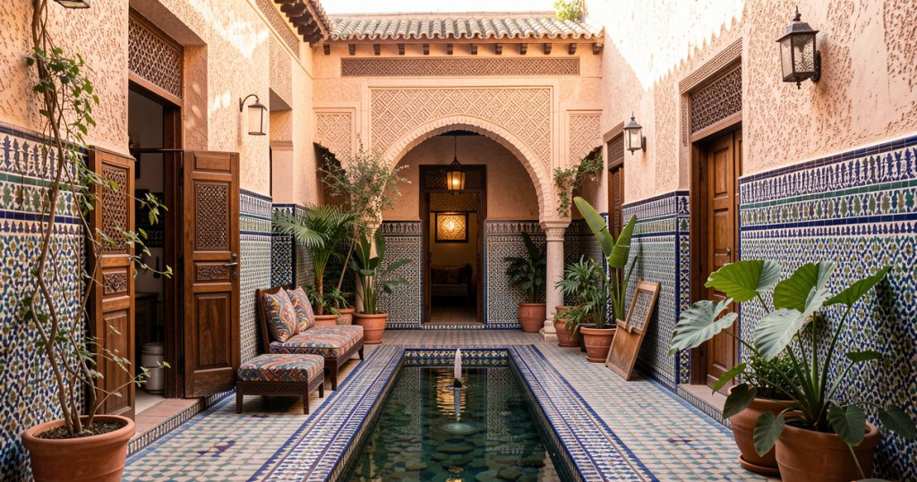 Patio de riad pour comparer les quartiers et savoir où dormir à Marrakech