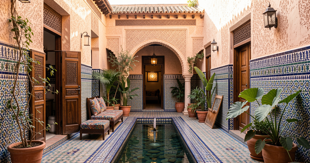 Patio de riad pour comparer les quartiers et savoir où dormir à Marrakech